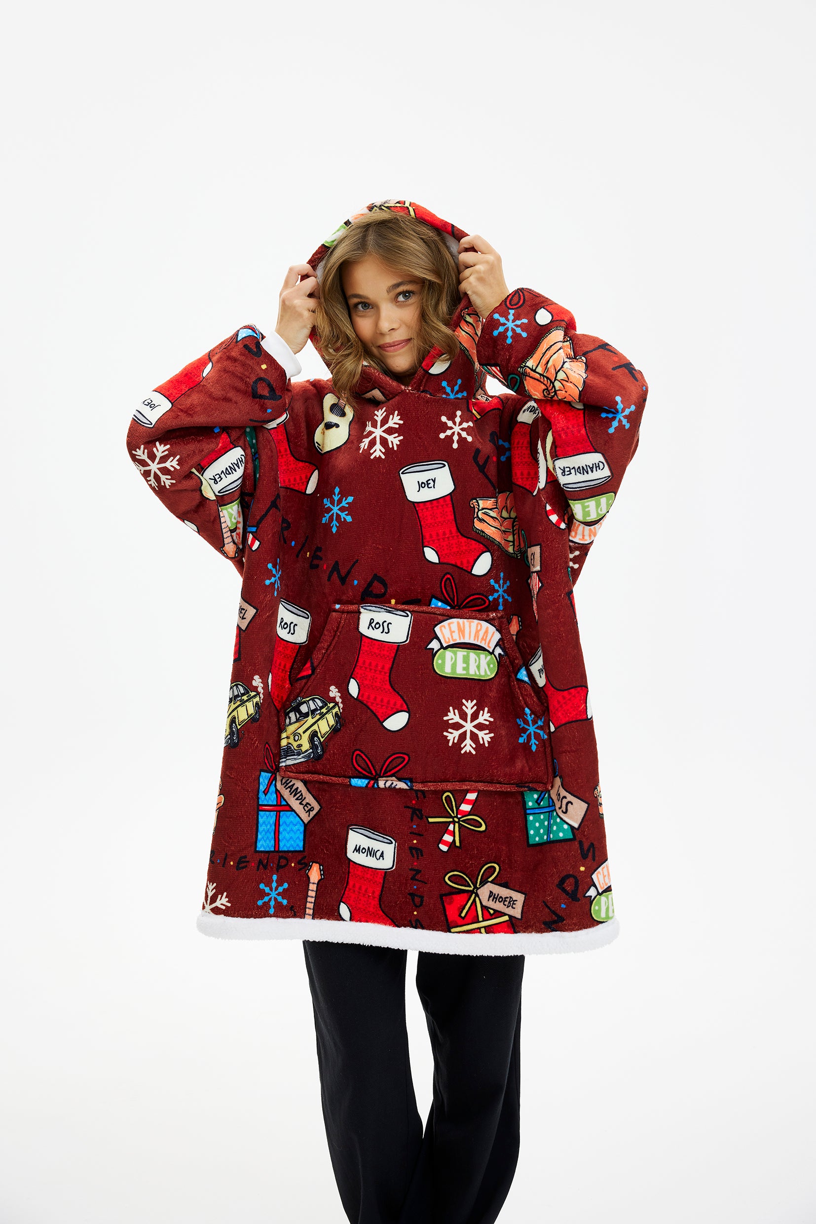 Rot-weißer Weihnachtspullover mit Kapuze und Geschenk-Motiv, unisex Weihnachtspyjama Damen und Herren.